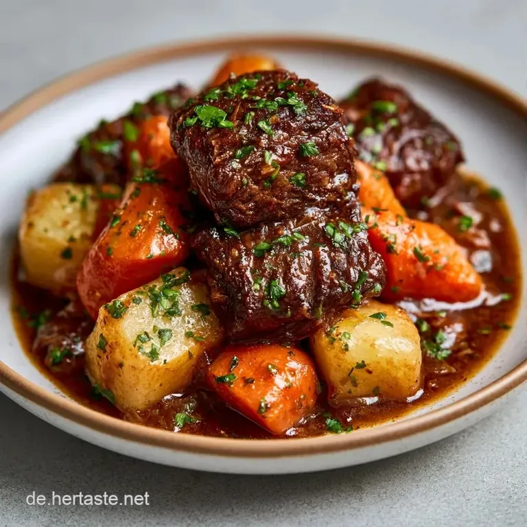 Dampfender Gem&uuml;seeintopf mit zartem Fleisch, garniert mit frischer Petersilie auf einem schlichten, wei&szlig;en Porzellanteller.
