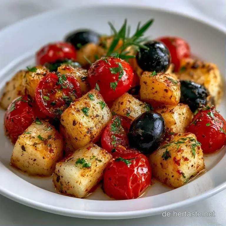 Elegant angerichtete, gl&auml;nzende Kohlrabist&uuml;cke mit gehobeltem Parmesan und frischen Kr&auml;utern auf einer wei&szlig;en Platte.