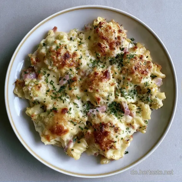 Eine Portion goldgelber Nudelauflauf auf einem wei&szlig;en Teller, garniert mit frischer Petersilie und weich schmelzendem K&auml;se.