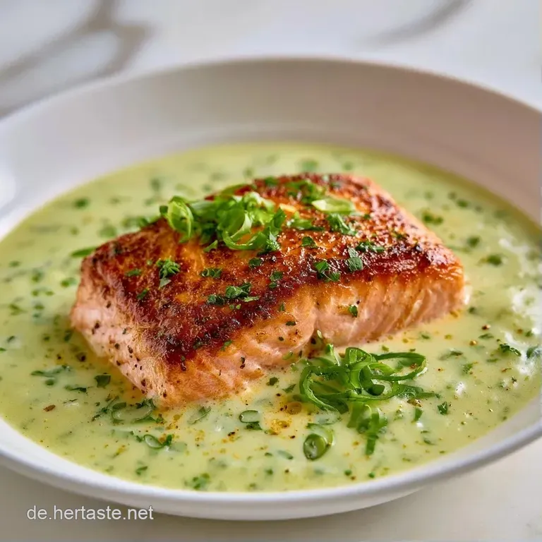 Elegante Schale mit samtiger, wei&szlig;er Suppe, garniert mit rosa Lachsstreifen und goldenen &Ouml;ltr&ouml;pfchen auf hellem Tisch.