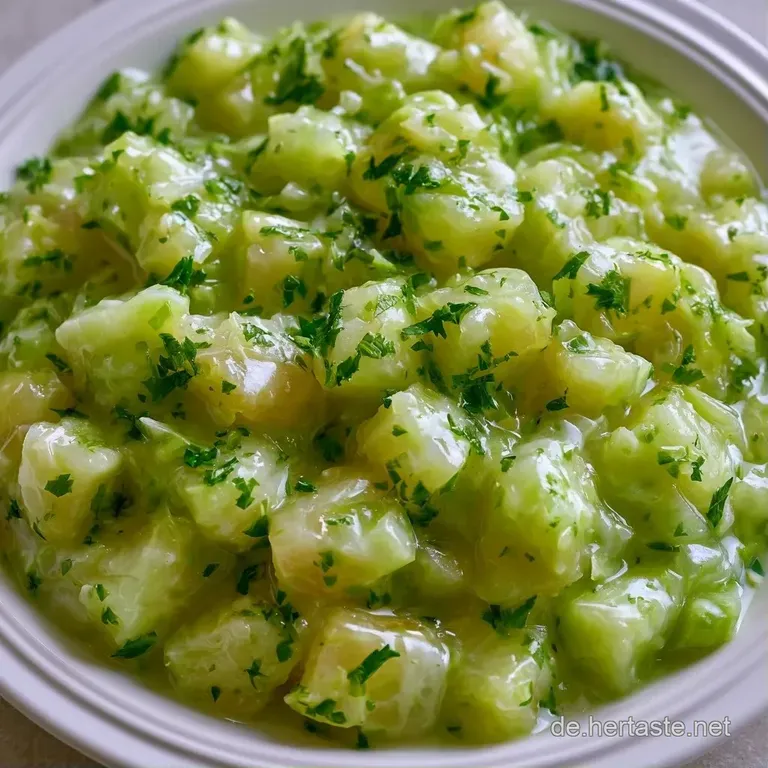 Elegant angerichtete blassgr&uuml;ne Gem&uuml;sew&uuml;rfel auf einer Servierplatte, &uuml;berzogen mit samtiger wei&szlig;er Sauce und Kr&auml;utern.