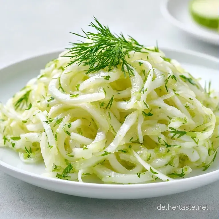Fein geschnittene, helle Kohlrabi-Stifte auf einem Keramikteller, garniert mit Dillzweigen, helles Tageslicht.