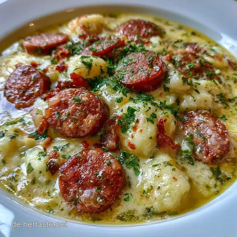 Elegant angerichteter Eintopf mit zartem Kohlrabi und gebratenen W&uuml;rstchen, garniert mit frischer, gr&uuml;ner Petersilie.