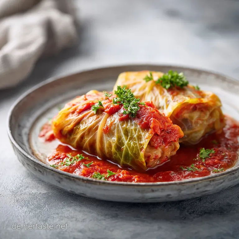 Tender cabbage rolls nestled on a white plate, drizzled with savory sauce and a sprig of fresh parsley.