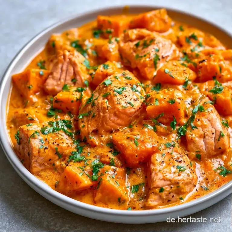 Cremiges, goldgelbes Curry mit Lachsfilet auf wei&szlig;em Basmatireis, garniert mit Limettenscheiben auf einem modernen Teller.