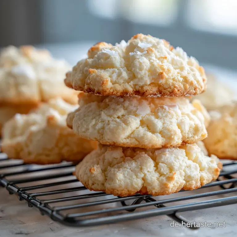 Stack of vanilla cookies, light golden with flecks, displayed on a dainty plate. Hints of coconut flour, suggesting a ligh...