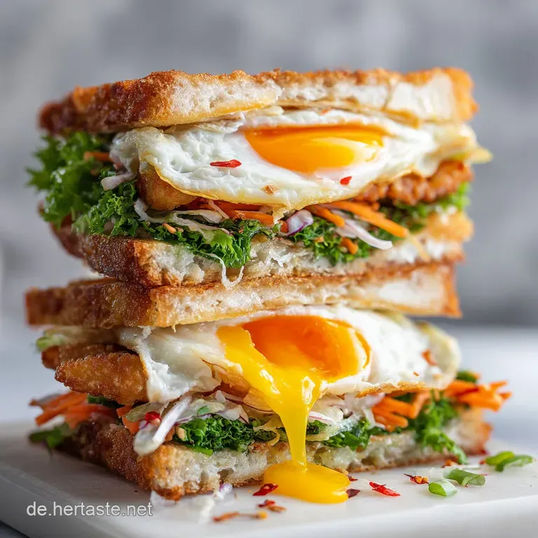 Korean egg drop sandwich halves stacked on a plate. Bright orange sriracha mayo drizzled artfully, with sesame seeds sprin...