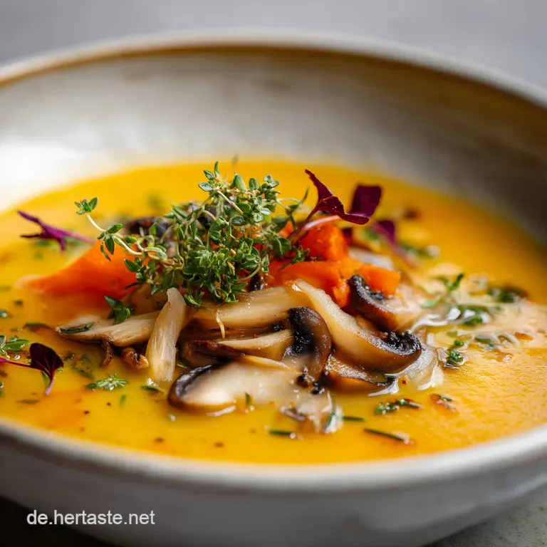 A steaming bowl of emerald green soup, garnished with a swirl of cream and fresh herbs. Croutons add a delightful golden c...