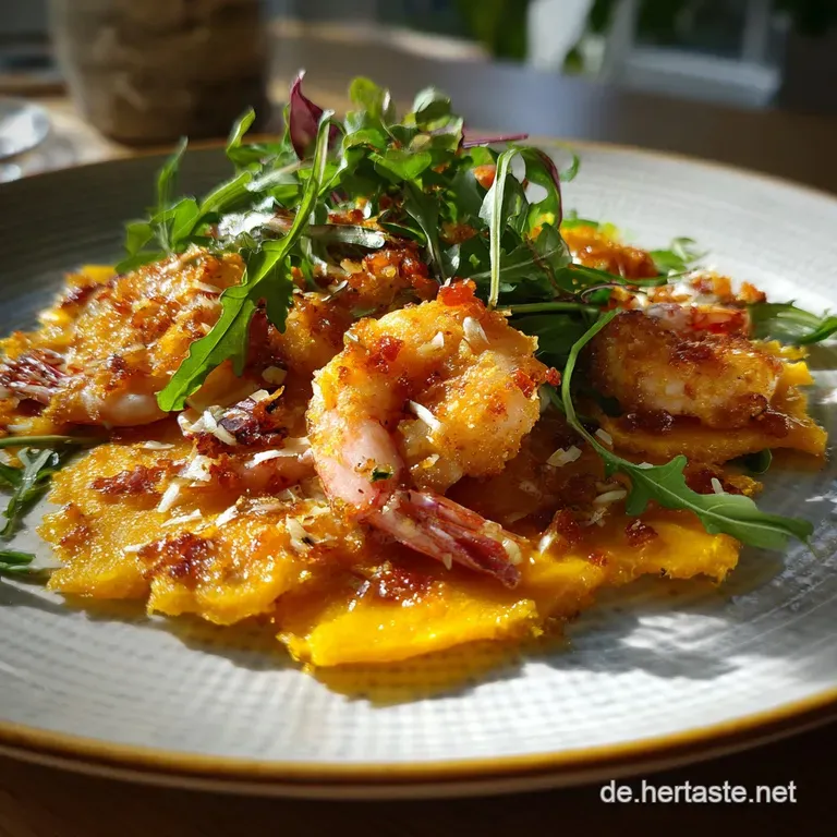 K&uuml;rbiscarpaccio Gebackene Riesengarnelen: Zart Knusprig presentation