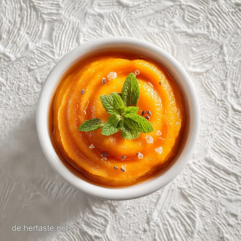 Elegant swirl of ivory-colored puree alongside a vibrant, glossy fruit sauce. Fresh parsley adds a pop of green to this mo...