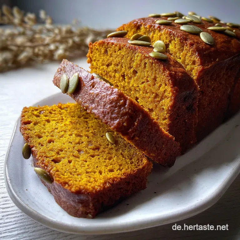 Slices of rich orange pumpkin bread reveal a moist crumb; warm tones with soft focus create a comforting image.