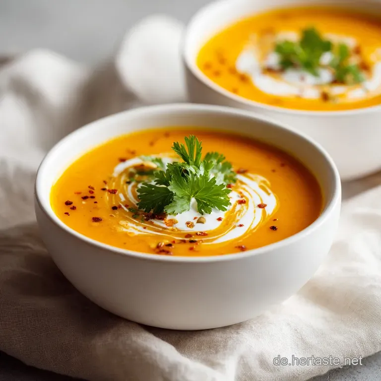 A smooth, rich pumpkin soup artfully swirled with a dollop of cream and fresh chives, presented in a white ceramic bowl.