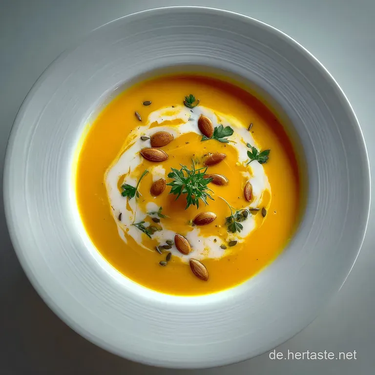 Elegant white bowl filled with velvety pumpkin soup. Toasted pumpkin seeds and a drizzle of cream add texture.