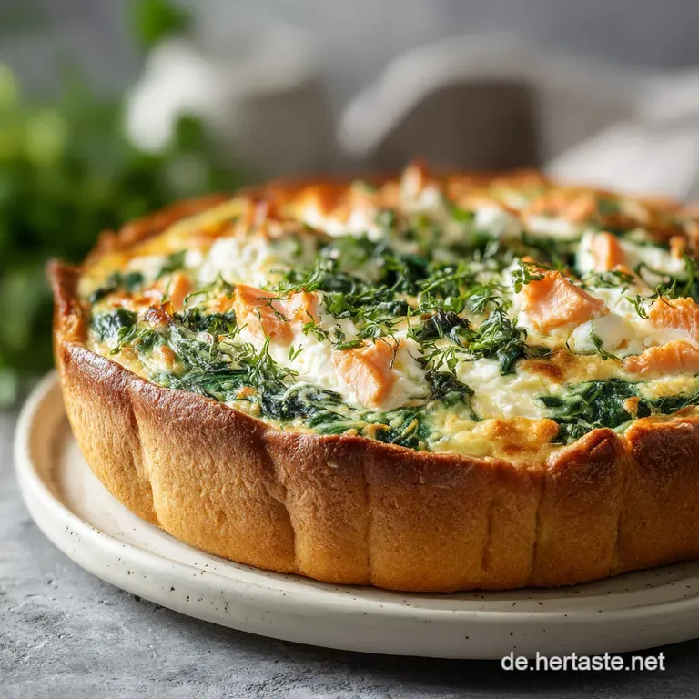Slice of salmon quiche plated with a vibrant green salad. Flaky crust contrasts with the smooth, creamy filling.