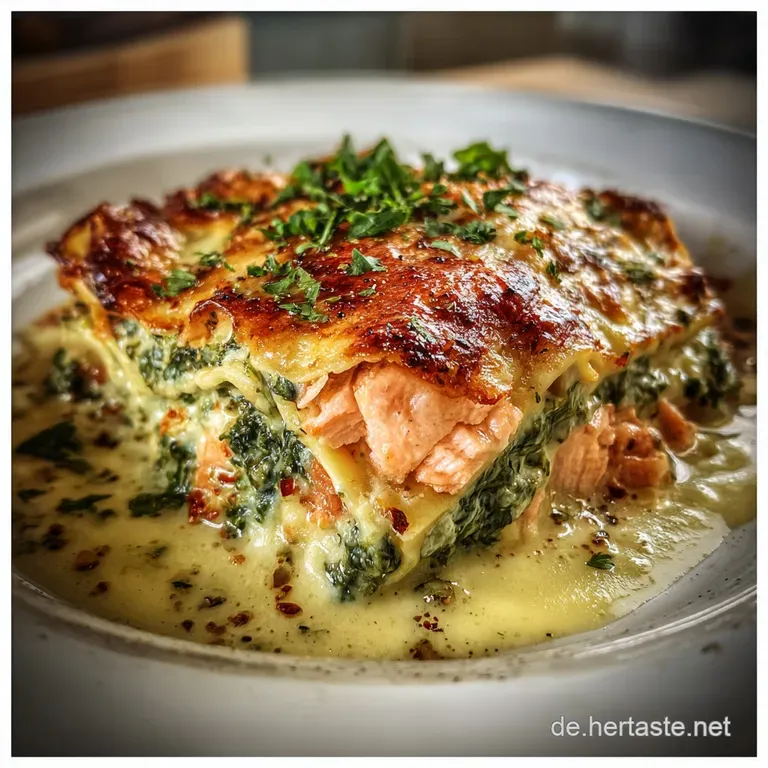 Elegant slice of salmon & spinach lasagna with b&eacute;chamel sauce oozing, served on white plate with fresh herbs. Rich and fla...