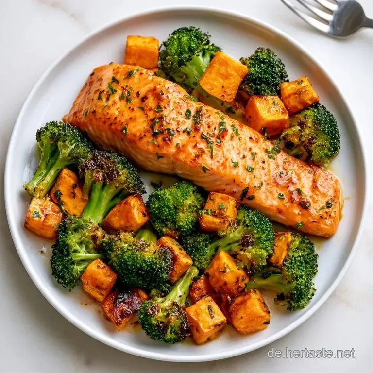Elegant angerichtete Lachsfilets auf einem wei&szlig;en Teller mit gl&auml;nzenden S&uuml;&szlig;kartoffeln und knackigem, gr&uuml;nem Gem&uuml;se.