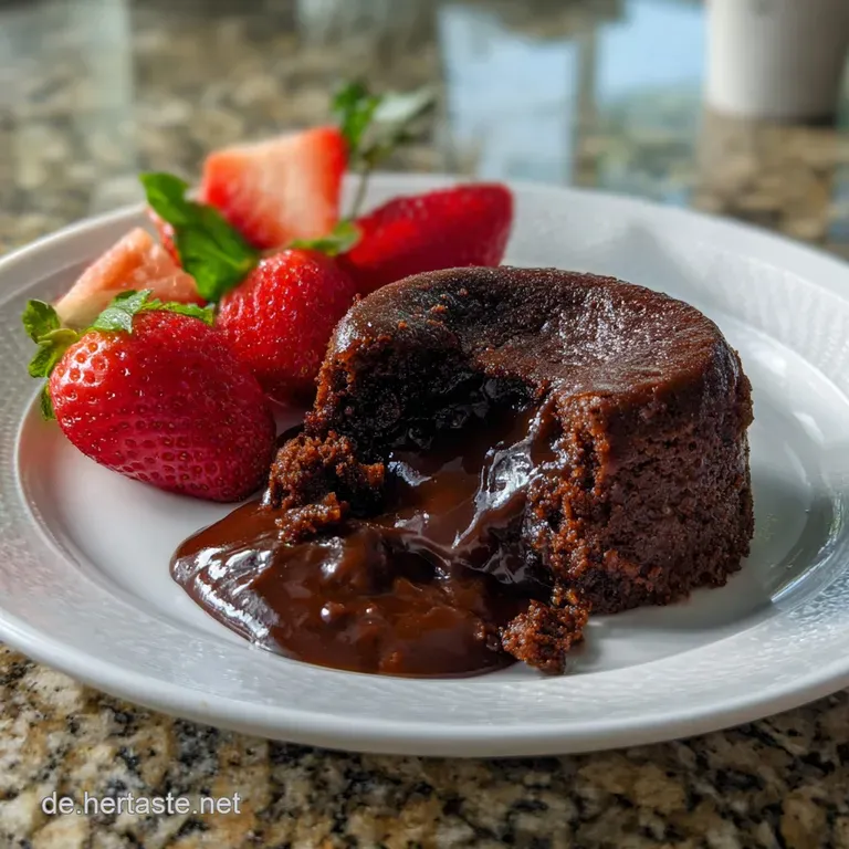 Warm lava cake on a white plate, a dark chocolate masterpiece with a glossy, inviting sheen, and a side of fresh raspberries.