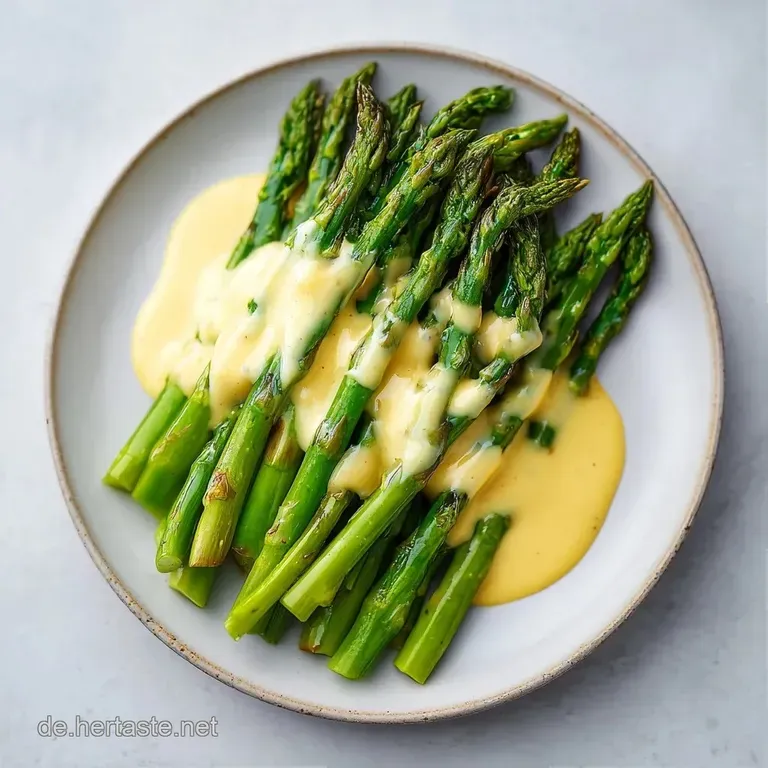 Goldgelbe Sauce, elegant &uuml;ber pochiertes Ei und gr&uuml;nen Spargel getr&auml;ufelt auf einem schlichten, wei&szlig;en Porzellanteller.