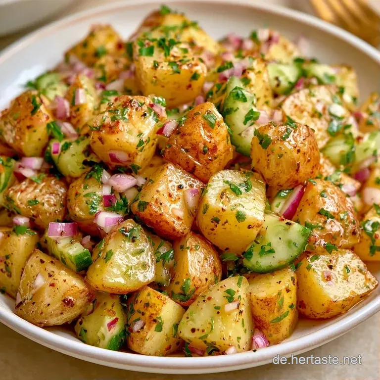 Hellgelber Kartoffel-Gurken-Salat auf einem wei&szlig;en Porzellanteller, garniert mit frischen, gr&uuml;nen Schnittlauchhalmen.