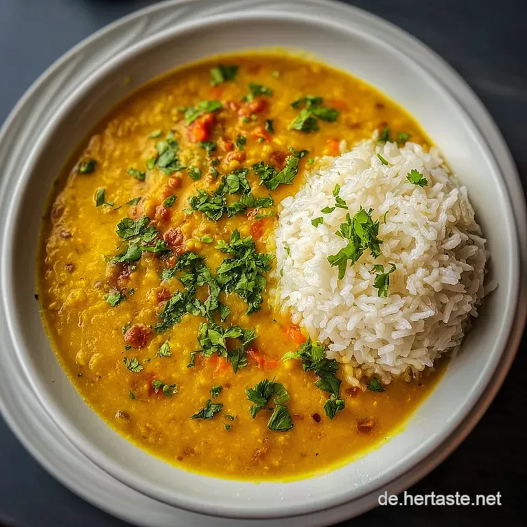 Plated lentil dal with cilantro sprigs, a bright lemon wedge, and chili flakes, highlighting the freshness and inviting fl...