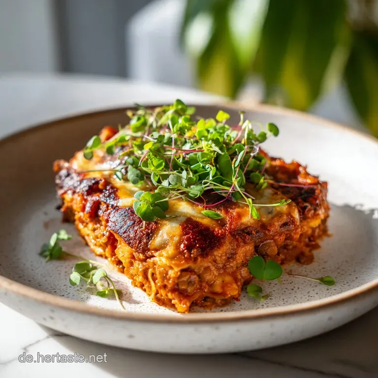 Slice of vibrant lentil lasagna on a white plate, showcasing distinct layers with herbs sprinkled and dollop of ricotta.