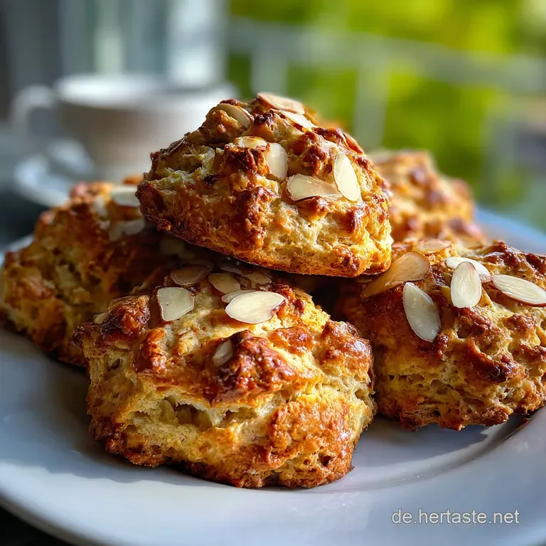 Warm apple scones sit on a plate, drizzled with glaze. Almonds add a toasty note to the soft, golden-brown baked good.