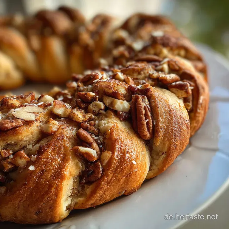 Slices of nut-filled braided bread on a plate, showcasing layers. A dusting of powder and visible texture. Coffee cup beside.