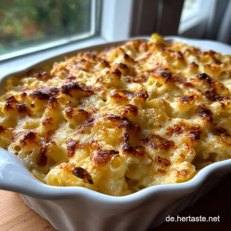Individual serving of cheesy macaroni casserole, hints of herbs, browned top, with a glistening creamy sauce.