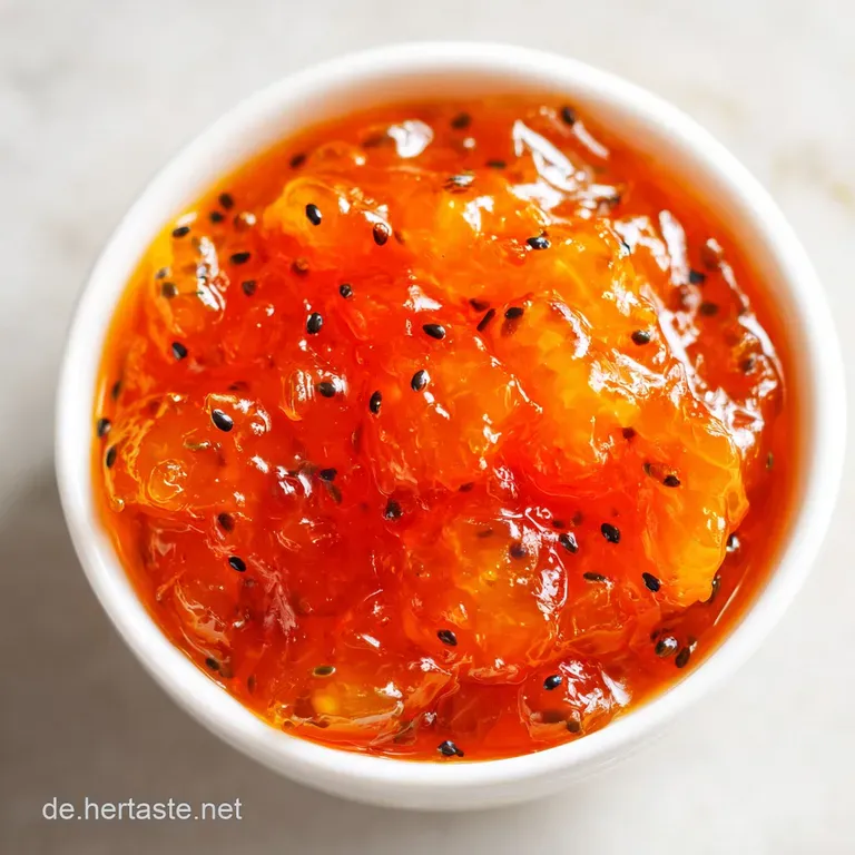 Ein Klecks goldgelber Marmelade auf knusprigem Toast, garniert mit einer frischen Mandarinenspalte auf wei&szlig;em Porzellan.