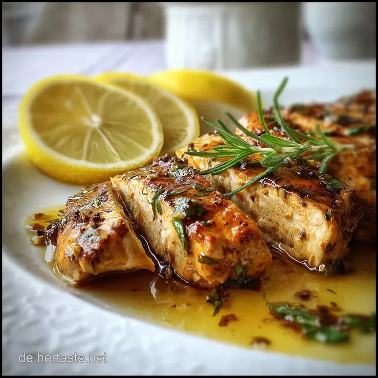 Honey-glazed chicken breast, glistening and tender, on a white plate. Garnished with fresh thyme sprigs and a drizzle of p...