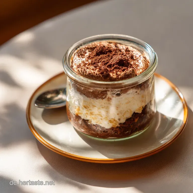 An individual glass dessert with swirls of cream, dark chocolate shards, and a single maraschino cherry.