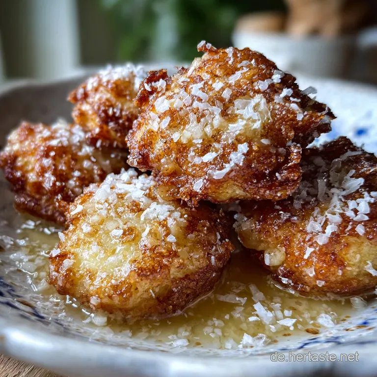 Delicate rice fritters artfully plated with caramelized apple wedges and a drizzle of sauce, creating an inviting dessert.