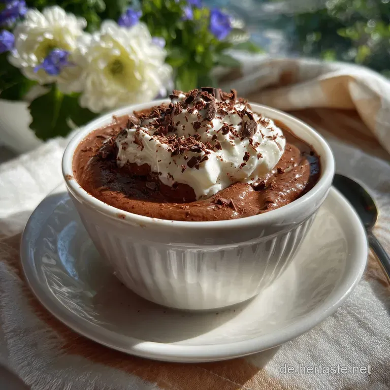 Elegant dark chocolate mousse in small glass cups, garnished with fresh raspberries and a sprig of mint, ready for serving.