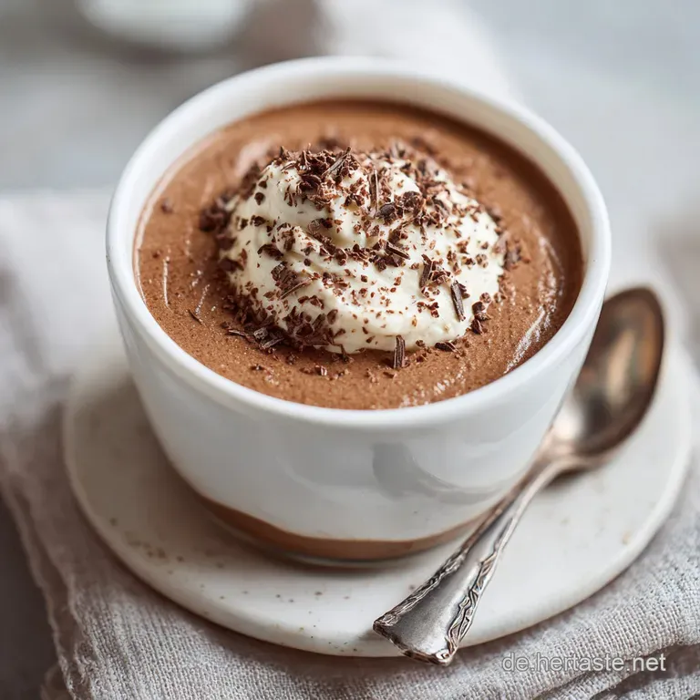 Elegant ramekin of rich, dark chocolate mousse with a delicate cocoa dusting and a curl of chocolate, promising intense fl...