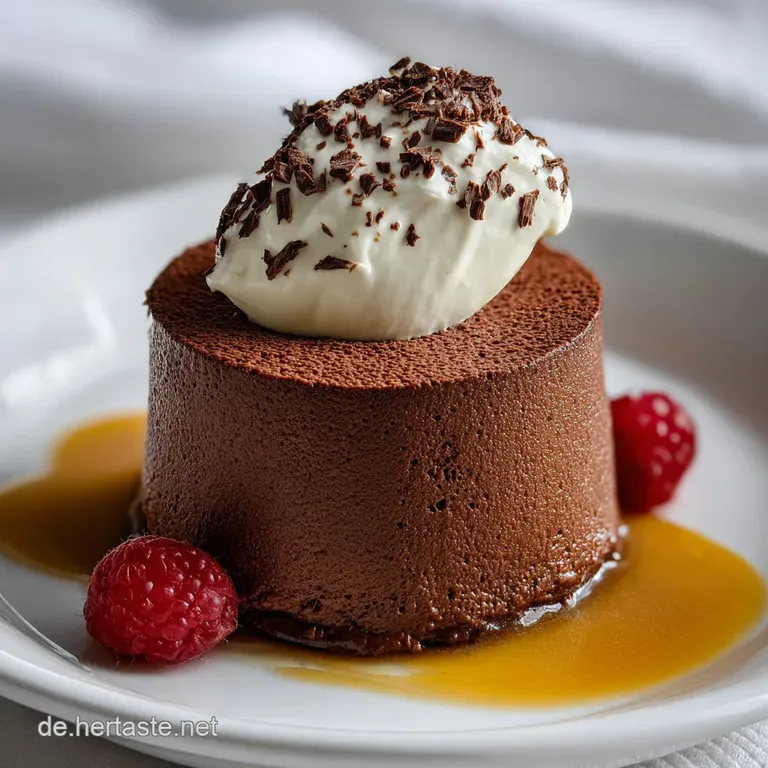 Elegant chocolate mousse dessert: airy dark mousse piped into a glass, topped with peaks of whipped cream and a dusting of...