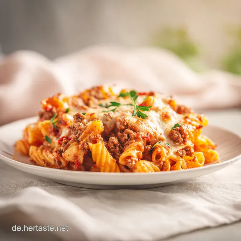 A generous scoop of creamy pasta bake with a crispy cheese topping, artfully plated.