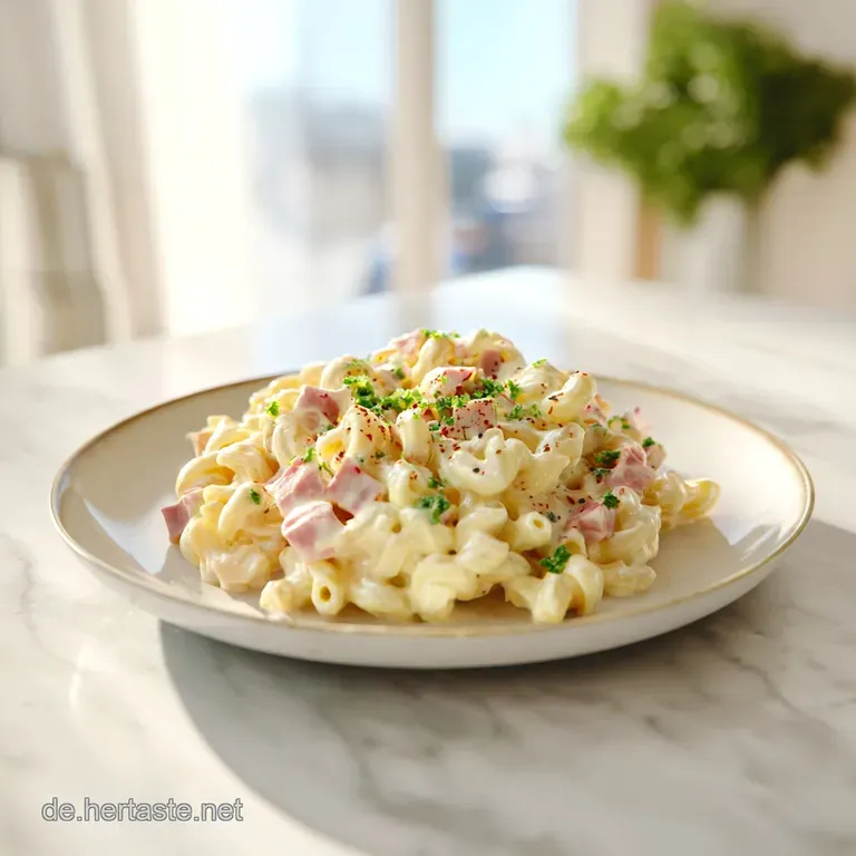Creamy noodle casserole served in a white dish, garnished with fresh parsley. Steam rises, hinting at warmth and a delicio...
