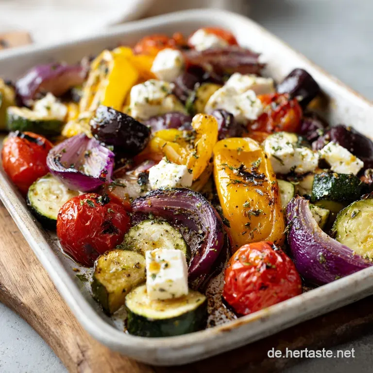 Vibrant roasted vegetables with creamy feta, artfully arranged on a white plate, herbs sprinkled atop, a colorful and invi...