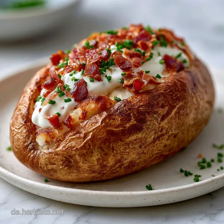 Drei knusprige Ofenkartoffeln auf einer wei&szlig;en Platte, garniert mit frischem Schnittlauch und einem Klecks Sauerrahm.