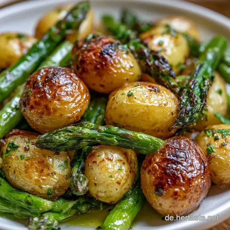 Elegant angerichtet: Zarter gr&uuml;ner Spargel neben knusprigen Kartoffeln auf einer hellen Platte mit einem Zitronenschnitz.