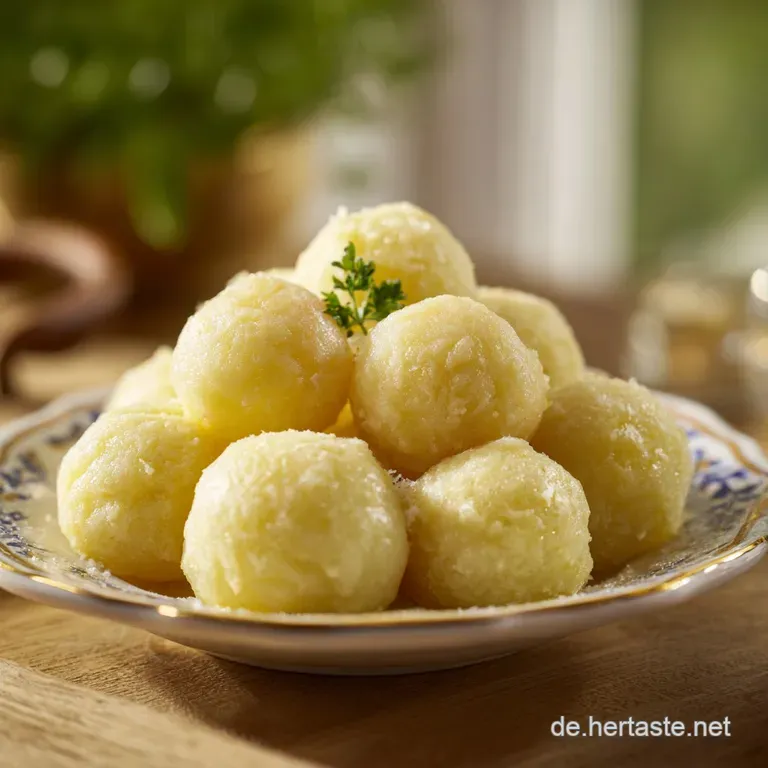 A single, plump potato dumpling glistens with melted butter, topped with chopped parsley. Steam rises suggestively from th...