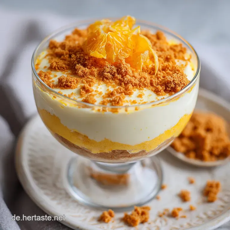 An elegant glass jar filled with vibrant orange cheesecake, topped with a delicate cookie crumble and a fresh orange slice.