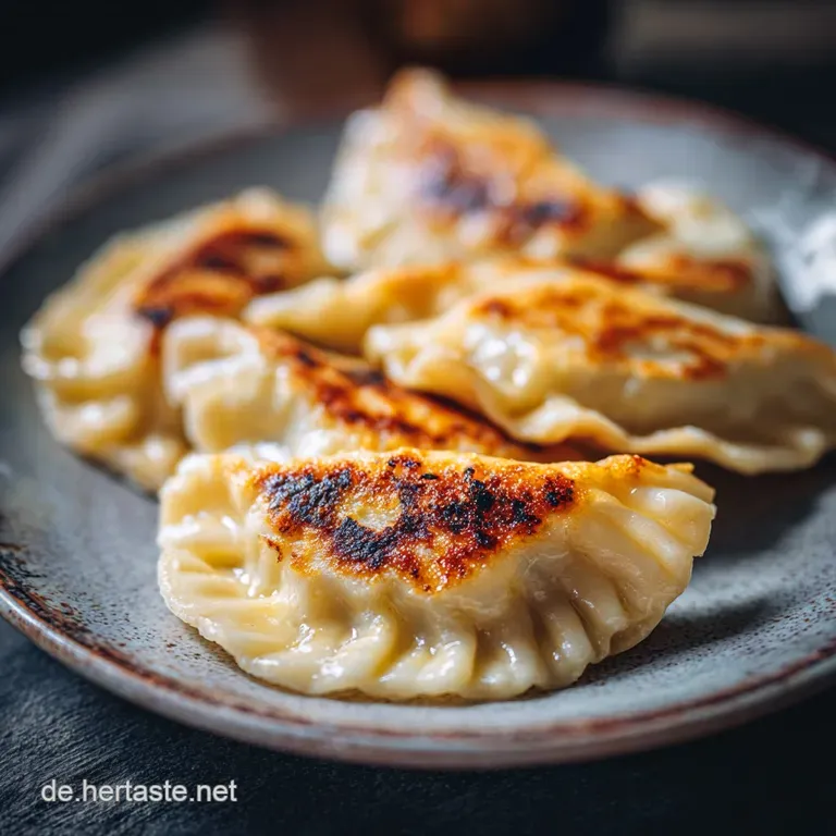 Plated pierogi glistening with melted butter, topped with a dollop of sour cream and snipped chives on a white plate.