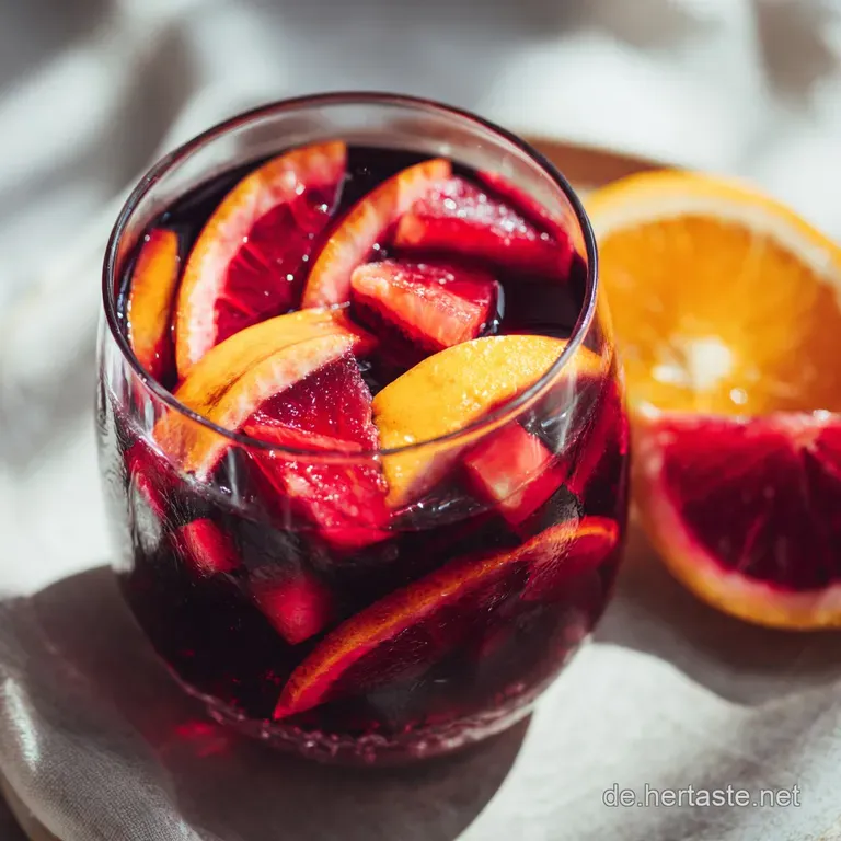 Elegant sangria presentation; ruby-red liquid in a stemmed glass, garnished with sliced citrus and berries, ready to sip.