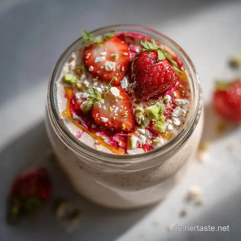 Layered overnight oats in a clear glass, berries bursting with juice, topped with creamy yogurt and a sprinkle of chia seeds.