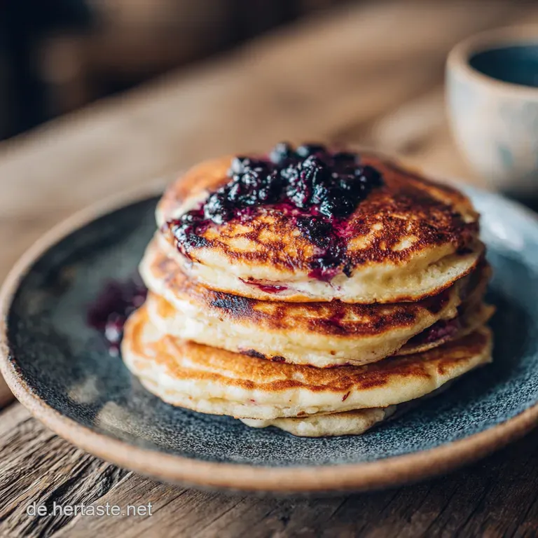Fluffy vegan pancakes beautifully arranged on a white plate, drizzled with syrup, and garnished with vibrant fruit. A deli...