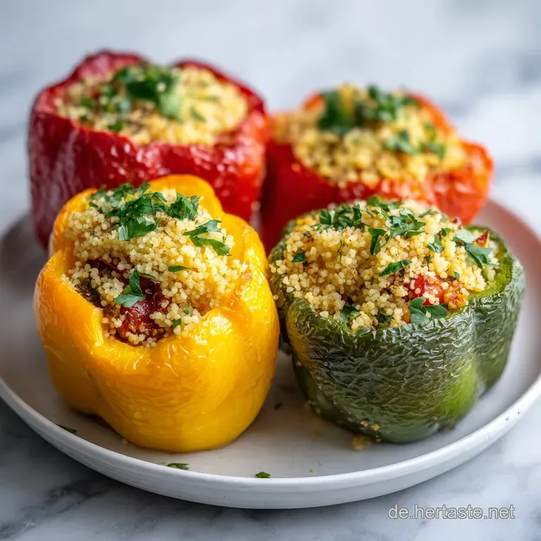 A colorful stuffed bell pepper, halved to reveal the couscous filling, sits on a plate with a glistening sauce.