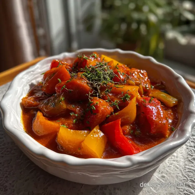 Vibrant red paprika stew with hearty Mettenden sausages, garnished with fresh herbs and a swirl of cream. Steaming hot.