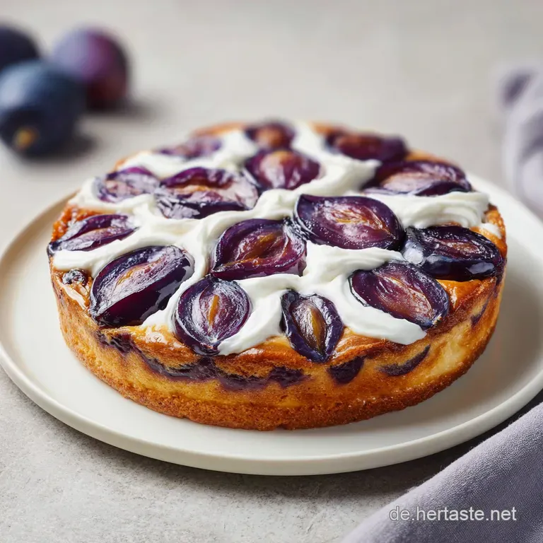 Ein St&uuml;ck saftiger Pflaumenkuchen auf einem wei&szlig;en Porzellanteller, erg&auml;nzt durch eine gl&auml;nzende, cremige Glasurschicht.