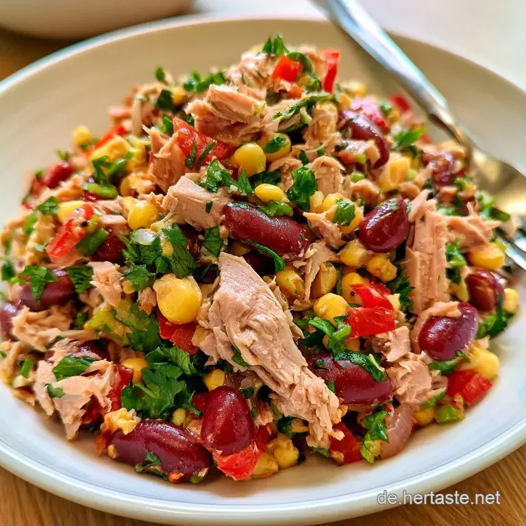 Helle Keramikplatte mit cremigem Fischsalat, garniert mit gelben Zitronenscheiben und frischen, gr&uuml;nen Kr&auml;utern.